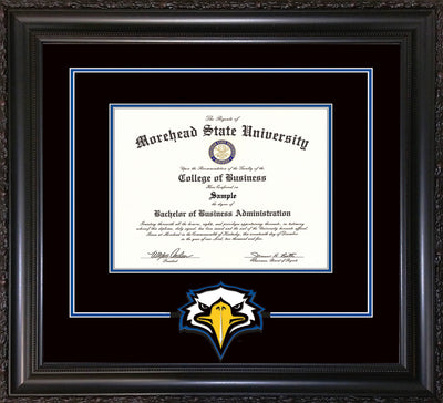 Image of Morehead State University Diploma Frame - Vintage Black Scoop - w/Laser MSU Logo Cutout - Black on Royal Blue mat