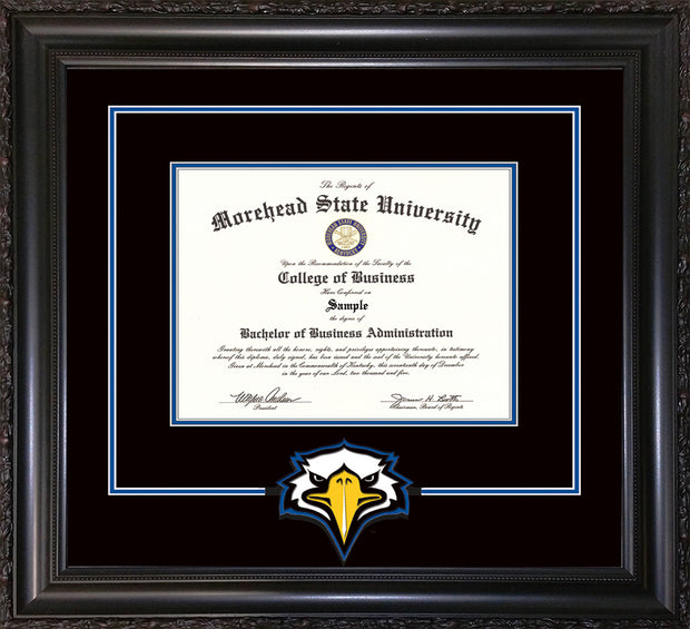 Image of Morehead State University Diploma Frame - Vintage Black Scoop - w/Laser MSU Logo Cutout - Black on Royal Blue mat