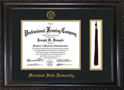 Image of Morehead State University Diploma Frame - Vintage Black Scoop - w/Embossed MSU Seal & Name - Tassel Holder - Black on Gold mat