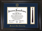 Image of Morehead State University Diploma Frame - Vintage Black Scoop - w/Embossed MSU Seal & Name - Tassel Holder - Navy on Gold mat