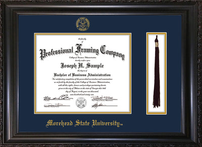 Image of Morehead State University Diploma Frame - Vintage Black Scoop - w/Embossed MSU Seal & Name - Tassel Holder - Navy on Gold mat