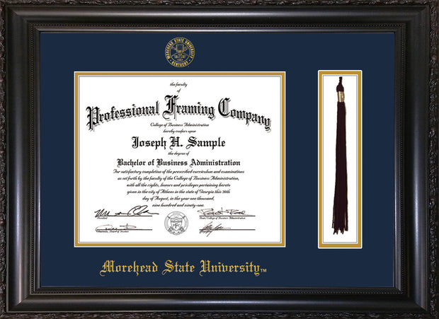 Image of Morehead State University Diploma Frame - Vintage Black Scoop - w/Embossed MSU Seal & Name - Tassel Holder - Navy on Gold mat