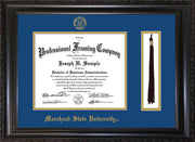 Image of Morehead State University Diploma Frame - Vintage Black Scoop - w/Embossed MSU Seal & Name - Tassel Holder - Royal Blue on Gold mat