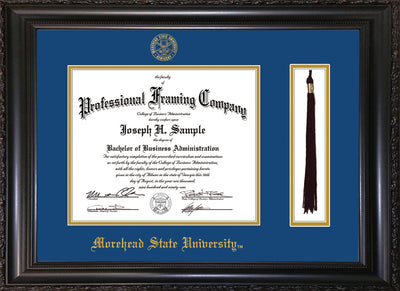 Image of Morehead State University Diploma Frame - Vintage Black Scoop - w/Embossed MSU Seal & Name - Tassel Holder - Royal Blue on Gold mat