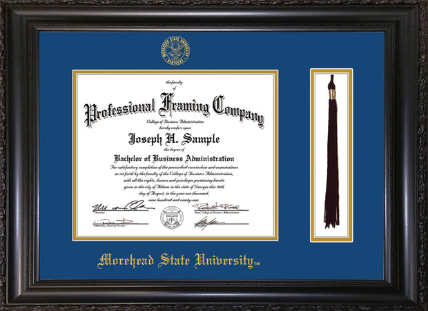 Image of Morehead State University Diploma Frame - Vintage Black Scoop - w/Embossed MSU Seal & Name - Tassel Holder - Royal Blue on Gold mat
