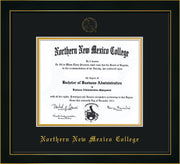 Image of Northern New Mexico College Diploma Frame - Honors Black Satin - w/Embossed NNMC Seal & Name - Black on Gold mat