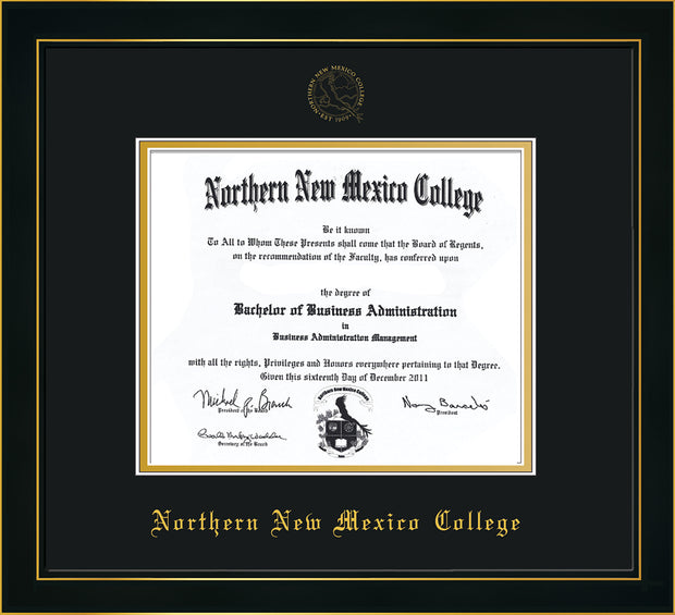 Image of Northern New Mexico College Diploma Frame - Honors Black Satin - w/Embossed NNMC Seal & Name - Black on Gold mat