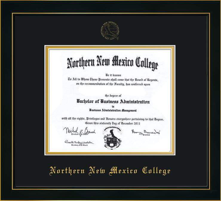 Image of Northern New Mexico College Diploma Frame - Honors Black Satin - w/Embossed NNMC Seal & Name - Black on Gold mat