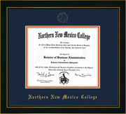 Image of Northern New Mexico College Diploma Frame - Honors Black Satin - w/Embossed NNMC Seal & Name - Navy on Orange mat
