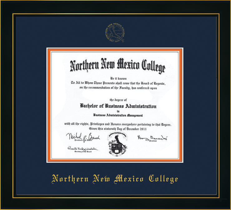 Image of Northern New Mexico College Diploma Frame - Honors Black Satin - w/Embossed NNMC Seal & Name - Navy on Orange mat
