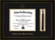Image of Northern New Mexico College Diploma Frame - Honors Black Satin - w/Embossed NNMC Seal & Name - Tassel Holder - Black on Gold mat