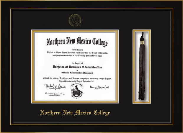 Image of Northern New Mexico College Diploma Frame - Honors Black Satin - w/Embossed NNMC Seal & Name - Tassel Holder - Black on Gold mat