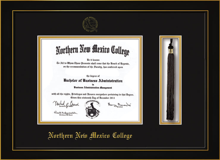 Image of Northern New Mexico College Diploma Frame - Honors Black Satin - w/Embossed NNMC Seal & Name - Tassel Holder - Black on Gold mat