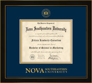 Image of Nova Southeastern University Diploma Frame - Honors Black Satin - w/Embossed NSU Seal & Wordmark - Navy on Gold mat