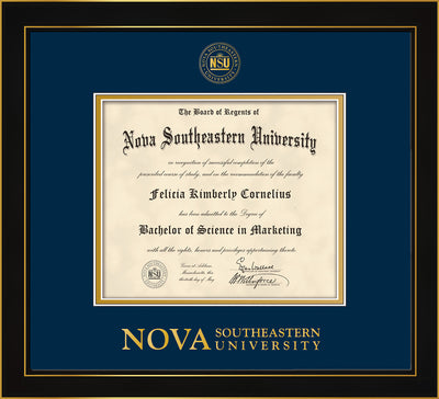 Image of Nova Southeastern University Diploma Frame - Honors Black Satin - w/Embossed NSU Seal & Wordmark - Navy on Gold mat