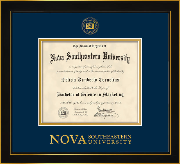 Image of Nova Southeastern University Diploma Frame - Honors Black Satin - w/Embossed NSU Seal & Wordmark - Navy on Gold mat