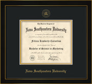 Image of Nova Southeastern University Diploma Frame - Honors Black Satin - w/Embossed NSU Seal & Name - Black on Gold mat