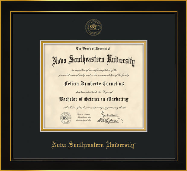 Image of Nova Southeastern University Diploma Frame - Honors Black Satin - w/Embossed NSU Seal & Name - Black on Gold mat