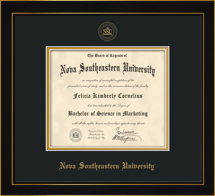 Image of Nova Southeastern University Diploma Frame - Honors Black Satin - w/Embossed NSU Seal & Name - Black on Gold mat
