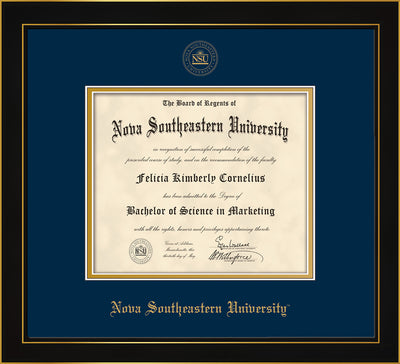 Image of Nova Southeastern University Diploma Frame - Honors Black Satin - w/Embossed NSU Seal & Name - Navy on Gold mat