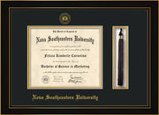 Image of Nova Southeastern University Diploma Frame - Honors Black Satin - w/Embossed NSU Seal & Name - Tassel Holder - Black on Gold mat