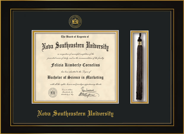 Image of Nova Southeastern University Diploma Frame - Honors Black Satin - w/Embossed NSU Seal & Name - Tassel Holder - Black on Gold mat