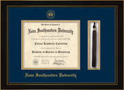 Image of Nova Southeastern University Diploma Frame - Honors Black Satin - w/Embossed NSU Seal & Name - Tassel Holder - Navy on Gold mat