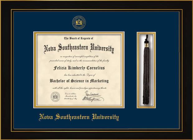 Image of Nova Southeastern University Diploma Frame - Honors Black Satin - w/Embossed NSU Seal & Name - Tassel Holder - Navy on Gold mat