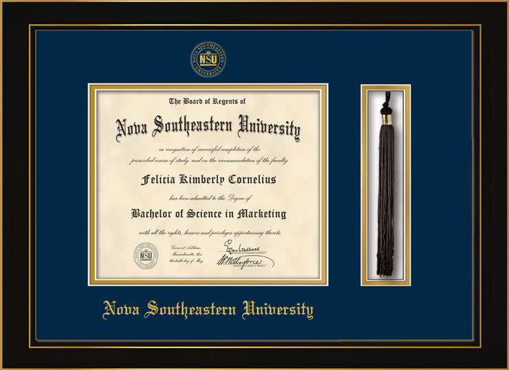 Image of Nova Southeastern University Diploma Frame - Honors Black Satin - w/Embossed NSU Seal & Name - Tassel Holder - Navy on Gold mat