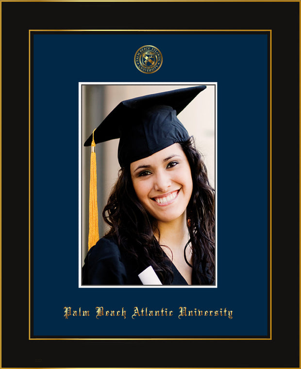 Image of Palm Beach Atlantic University 5 x 7 Photo Frame - Honors Black Satin - w/Official Embossing of PBA Seal & Name - Single Navy mat