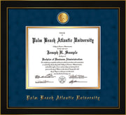 Image of Palm Beach Atlantic University Diploma Frame - Honors Black Satin - w/24k Gold-Plated Medallion PBA Name Embossing - Navy Suede on Gold mats