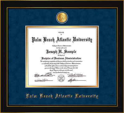 Image of Palm Beach Atlantic University Diploma Frame - Honors Black Satin - w/24k Gold-Plated Medallion PBA Name Embossing - Navy Suede on Gold mats