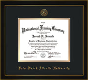 Image of Palm Beach Atlantic University Diploma Frame - Honors Black Satin - w/Embossed Seal & Name - Black on Gold mats