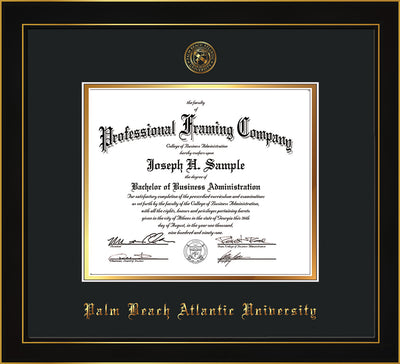 Image of Palm Beach Atlantic University Diploma Frame - Honors Black Satin - w/Embossed Seal & Name - Black on Gold mats