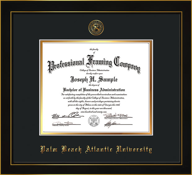 Image of Palm Beach Atlantic University Diploma Frame - Honors Black Satin - w/Embossed Seal & Name - Black on Gold mats