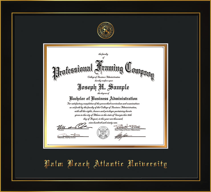 Image of Palm Beach Atlantic University Diploma Frame - Honors Black Satin - w/Embossed Seal & Name - Black on Gold mats