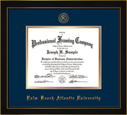 Image of Palm Beach Atlantic University Diploma Frame - Honors Black Satin - w/Embossed Seal & Name - Navy on Gold mats