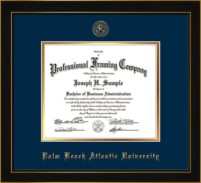 Image of Palm Beach Atlantic University Diploma Frame - Honors Black Satin - w/Embossed Seal & Name - Navy on Gold mats
