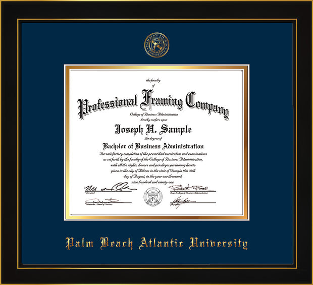 Image of Palm Beach Atlantic University Diploma Frame - Honors Black Satin - w/Embossed Seal & Name - Navy on Gold mats