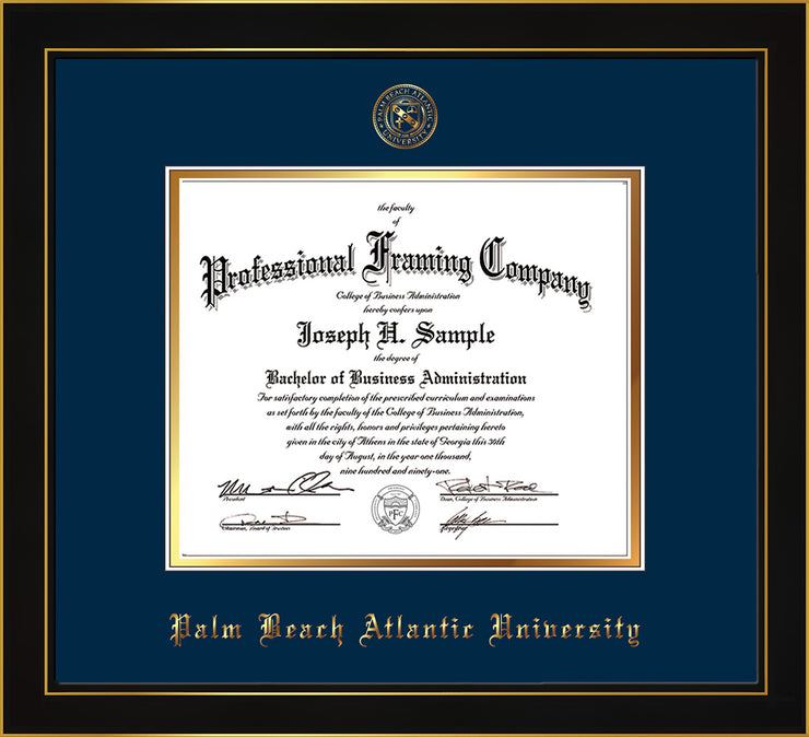 Image of Palm Beach Atlantic University Diploma Frame - Honors Black Satin - w/Embossed Seal & Name - Navy on Gold mats