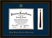 Image of Palm Beach Atlantic University Diploma Frame - Honors Black Satin - w/Embossed Seal & Name - Tassel Holder - Navy on Gold mats