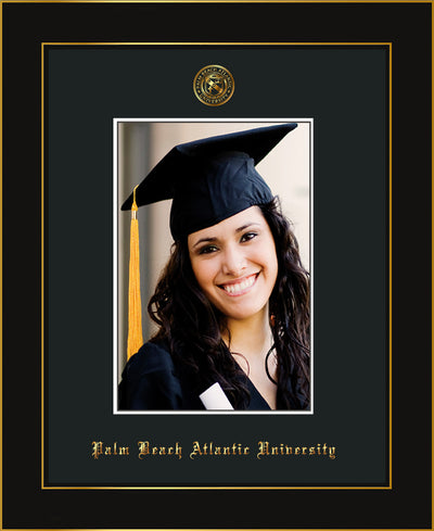 Image of Palm Beach Atlantic University 5 x 7 Photo Frame - Honors Black Satin - w/Official Embossing of PBA Seal & Name - Single Black mat
