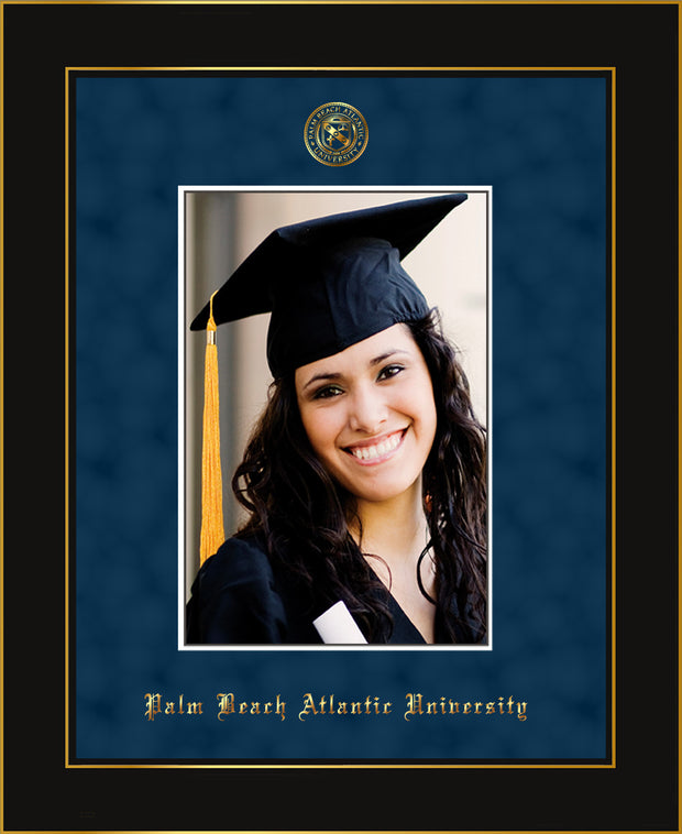 Image of Palm Beach Atlantic University 5 x 7 Photo Frame - Honors Black Satin - w/Official Embossing of PBA Seal & Name - Single Navy Suede mat