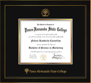 Image of Pasco-Hernando State College Diploma Frame - Honors Black Satin - w/Embossed PHSC Seal & Name - Black on Gold mat