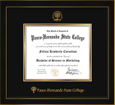 Image of Pasco-Hernando State College Diploma Frame - Honors Black Satin - w/Embossed PHSC Seal & Name - Black on Gold mat