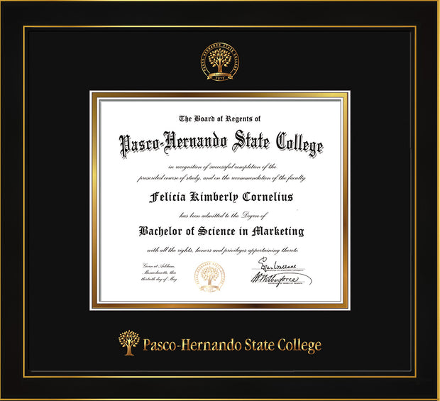 Image of Pasco-Hernando State College Diploma Frame - Honors Black Satin - w/Embossed PHSC Seal & Name - Black on Gold mat