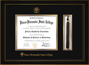 Image of Pasco-Hernando State College Diploma Frame - Honors Black Satin - w/Embossed PHSC Seal & Name - Tassel Holder - Black on Gold mat