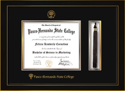 Image of Pasco-Hernando State College Diploma Frame - Honors Black Satin - w/Embossed PHSC Seal & Name - Tassel Holder - Black on Gold mat