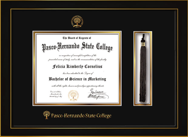 Image of Pasco-Hernando State College Diploma Frame - Honors Black Satin - w/Embossed PHSC Seal & Name - Tassel Holder - Black on Gold mat