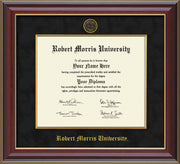 Image of Robert Morris University - Illinois Diploma Frame - Cherry Lacquer - w/Embossed RMU Seal & Name - Fillet - Black Suede mat
